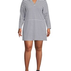 Lands' End Navy and White Striped Hooded Swim Coverup